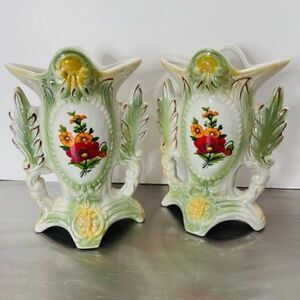 2 Pearlescent Lusterware Footed Flower Vase #1749 Made in Brazil 9"x7.5"  Both a